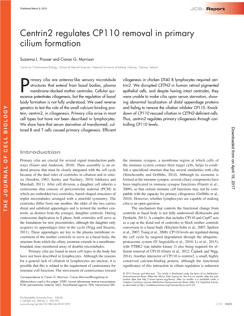 Centrin2 Regulates CP110 Removal in Primary Cilium Formation