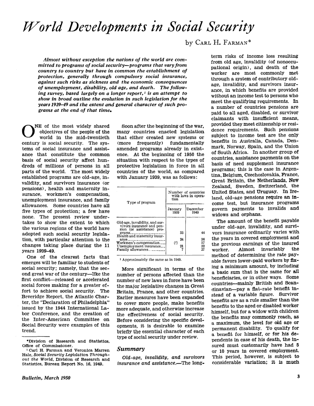 World Developments in Social Security