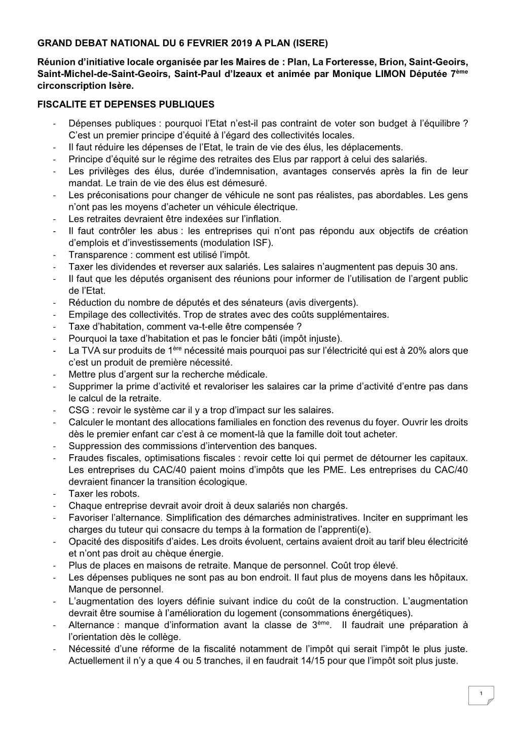 GRAND DEBAT NATIONAL DU 6 FEVRIER 2019 a PLAN (ISERE) Réunion D'initiative Locale Organisée Par Les Maires De : Plan, La