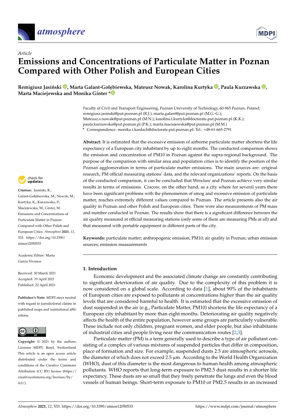 Emissions and Concentrations of Particulate Matter in Poznan Compared with Other Polish and European Cities