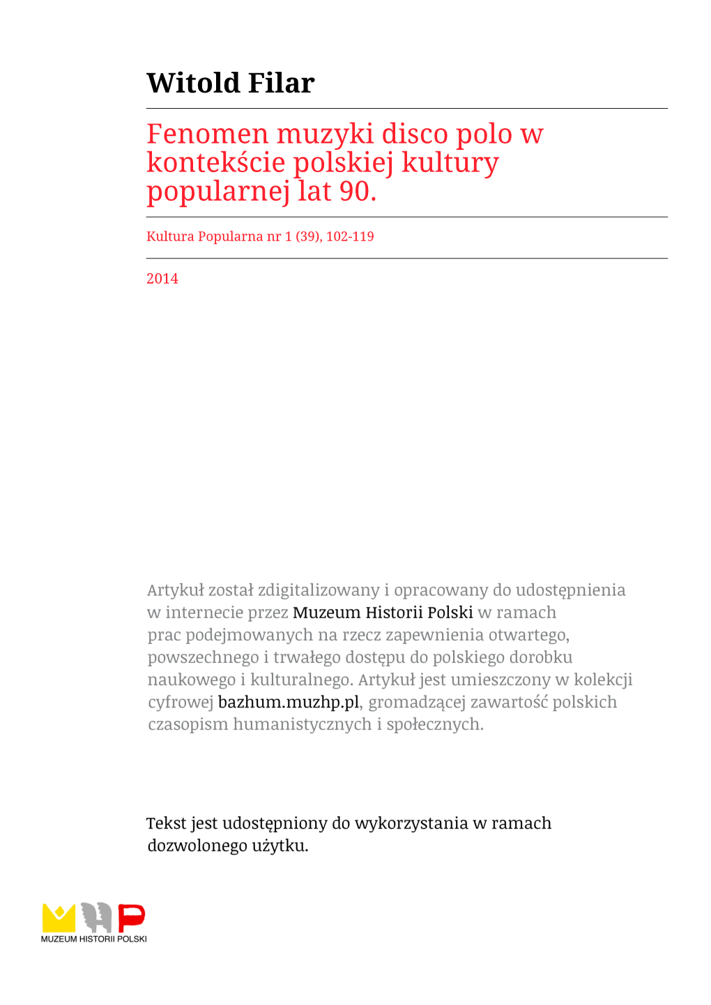 Witold Filar Fenomen Muzyki Disco Polo W Kontekście Polskiej Kultury Popularnej Lat 90