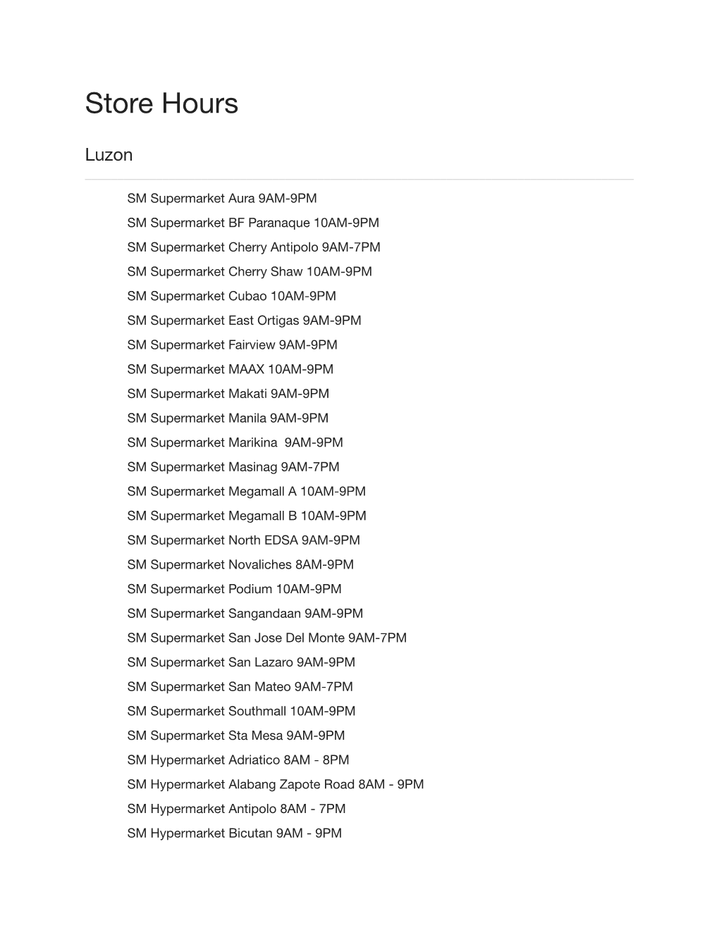 SM MARKETS STORE HOURS Aug 2021