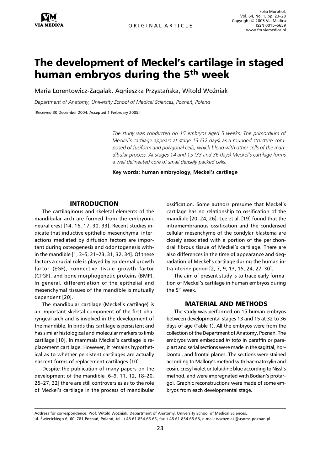 The Development of Meckel's Cartilage in Staged Human Embryos During