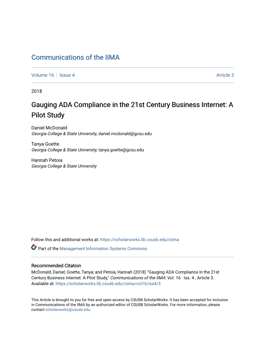 Gauging ADA Compliance in the 21St Century Business Internet: a Pilot Study