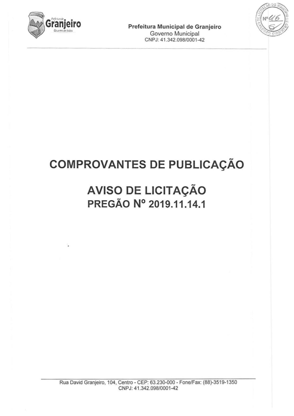 A VISO DE LICITAÇÃO Pregão N° 2019.11.14.1