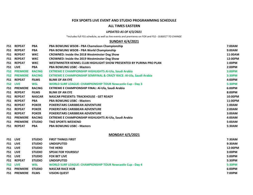 Fox Sports Live Event and Studio Programming Schedule All Times Eastern Monday 4/5/2021 Sunday 4/4/2021