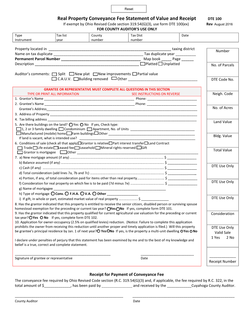 Real Property Conveyance Fee Statement of Value and Receipt