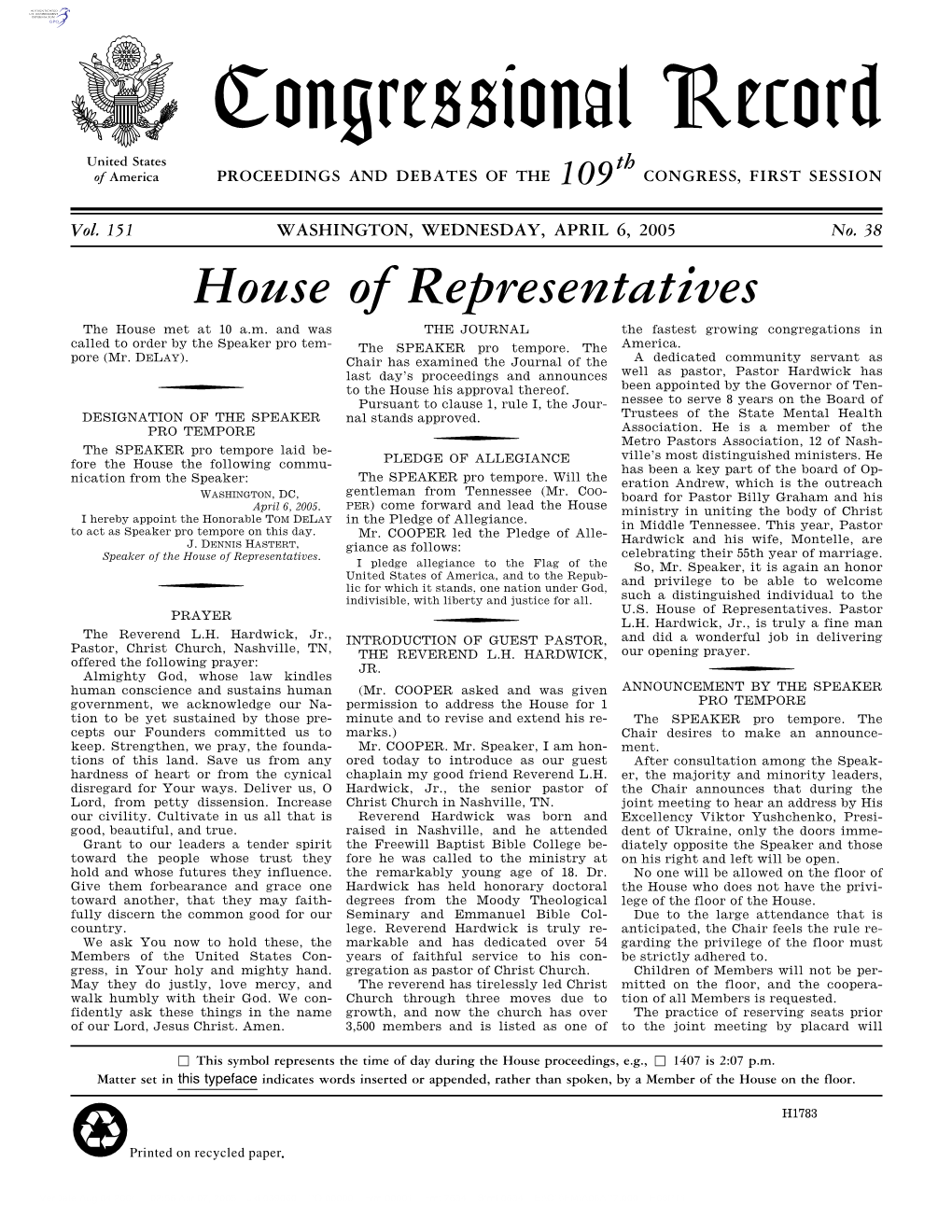 Congressional Record United States Th of America PROCEEDINGS and DEBATES of the 109 CONGRESS, FIRST SESSION