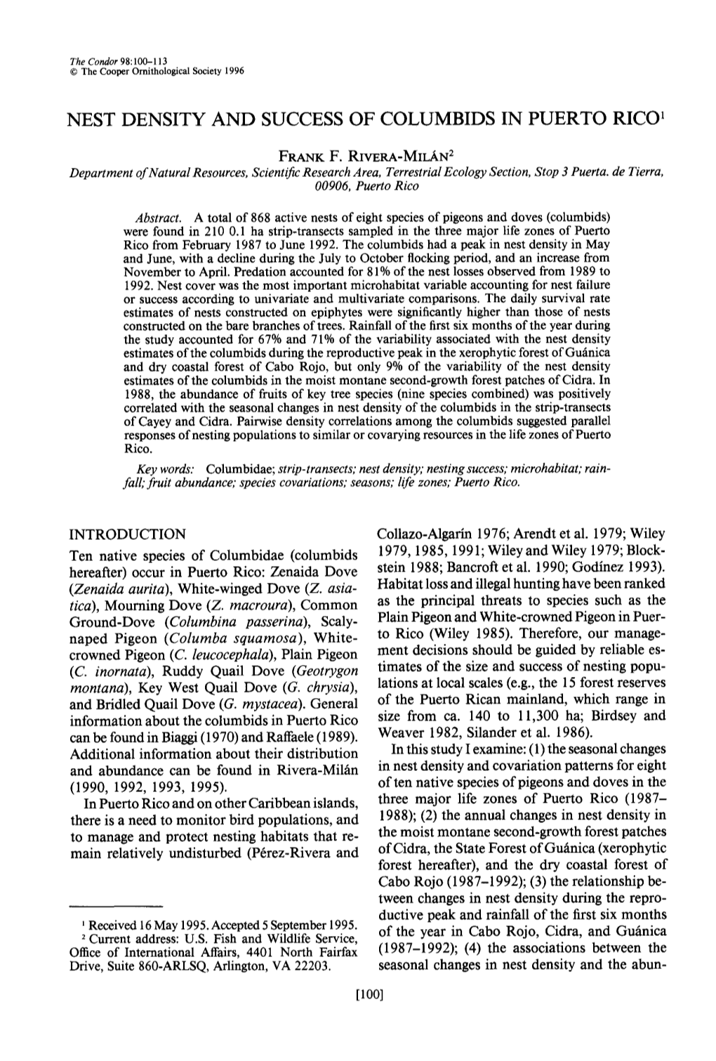 Nest Density and Success of Columbids in Puerto Rico ’