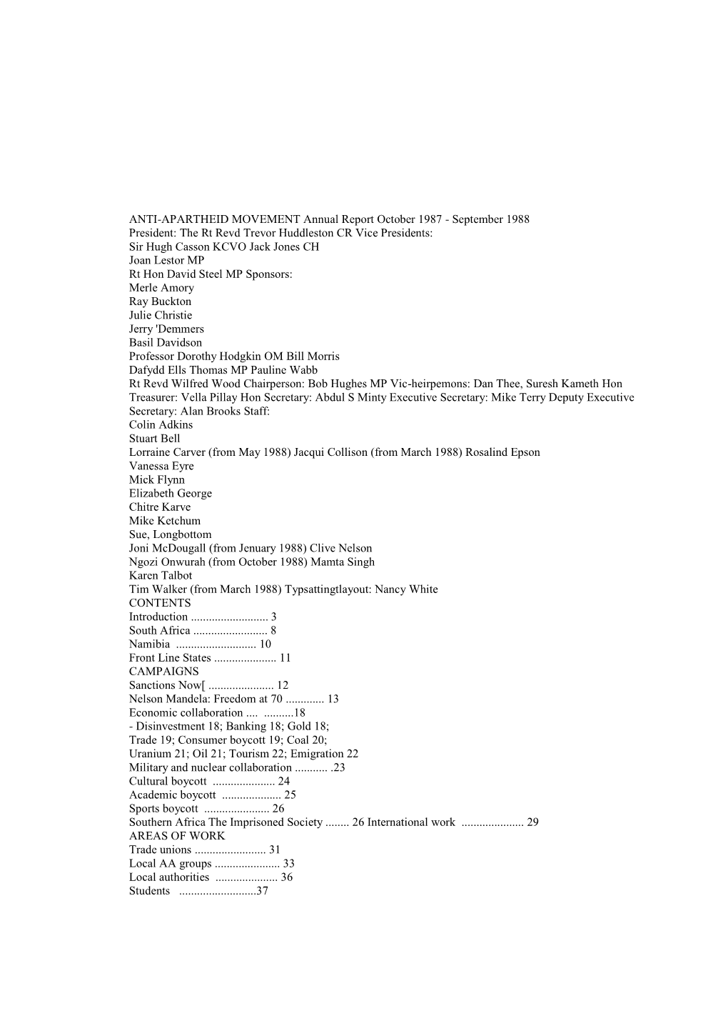 ANTI-APARTHEID MOVEMENT Annual Report October 1987