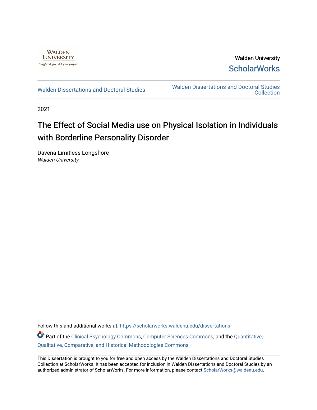 The Effect of Social Media Use on Physical Isolation in Individuals with Borderline Personality Disorder