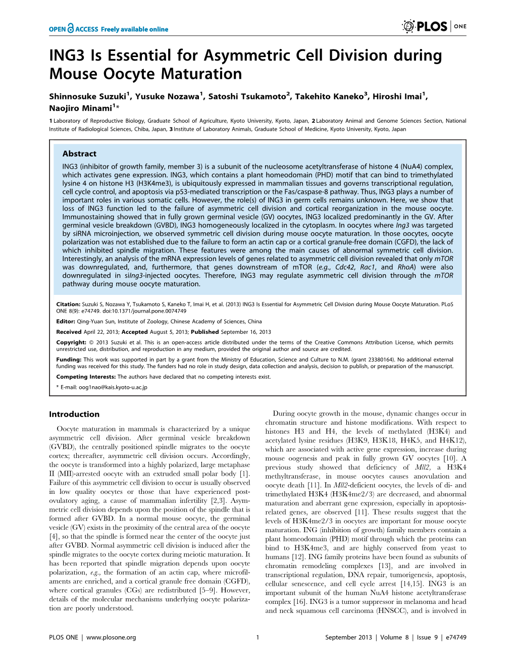 ING3 Is Essential for Asymmetric Cell Division During Mouse Oocyte Maturation