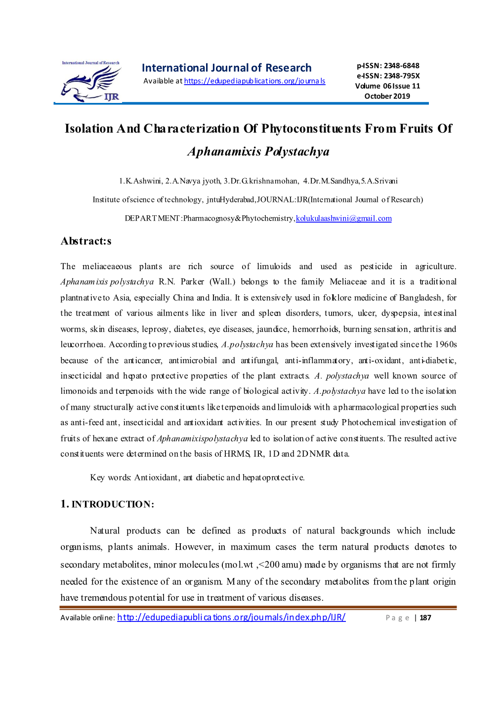 Isolation and Characterization of Phytoconstituents from Fruits of Aphanamixis Polystachya