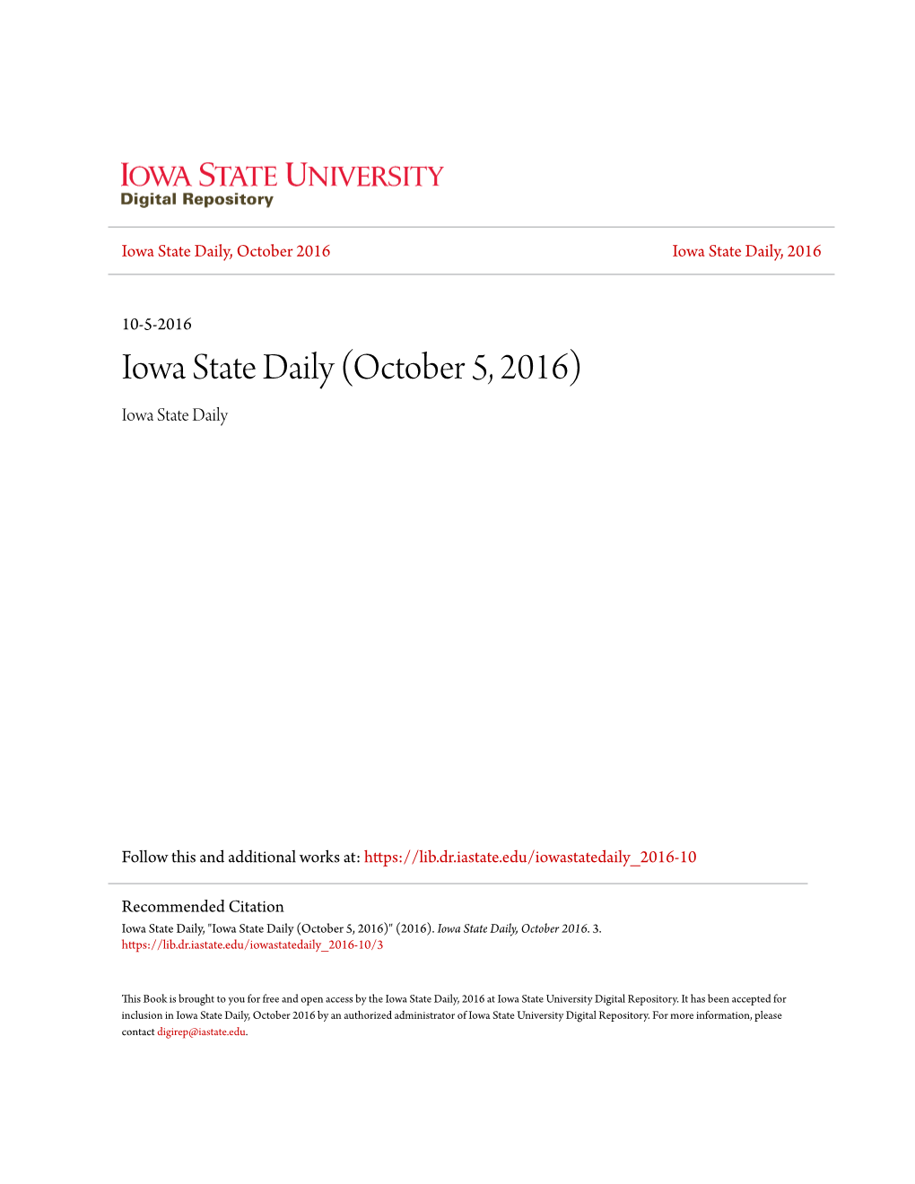 Iowa State Daily (October 5, 2016) Iowa State Daily