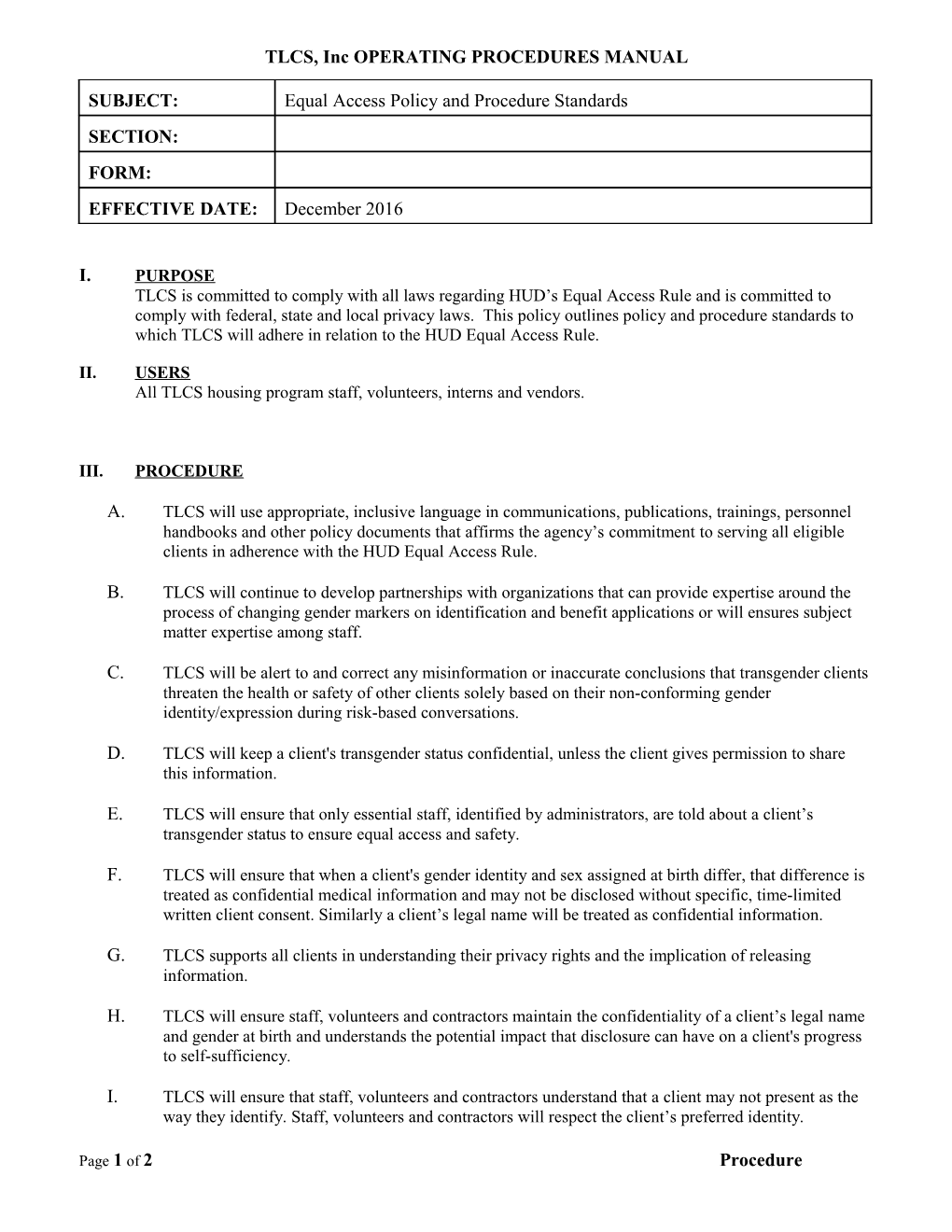 TLCS, Inc OPERATING PROCEDURES MANUAL