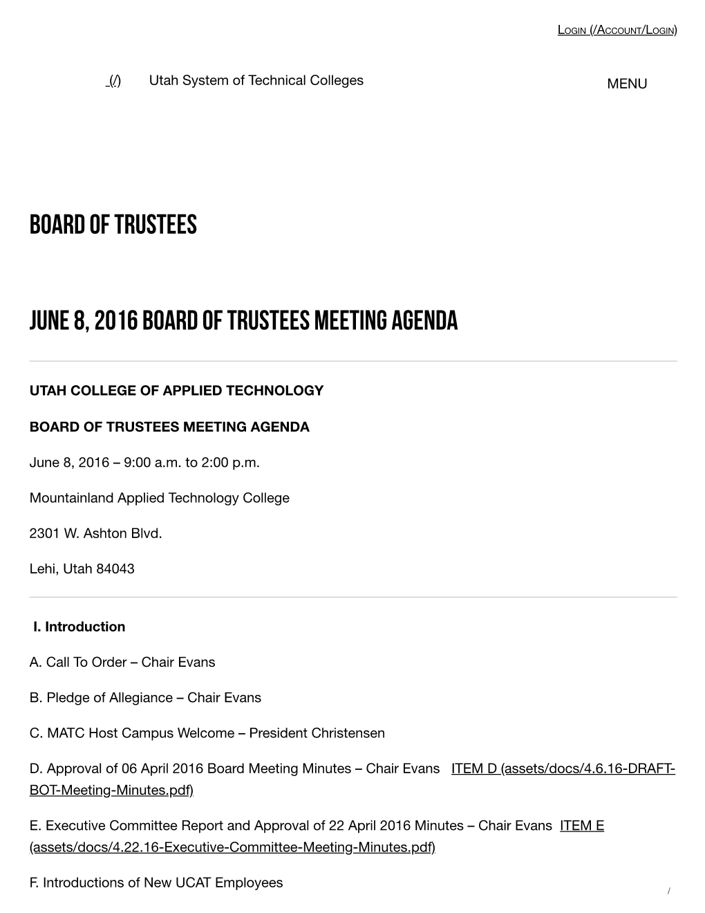Board of Trustees June 8, 2016 Board
