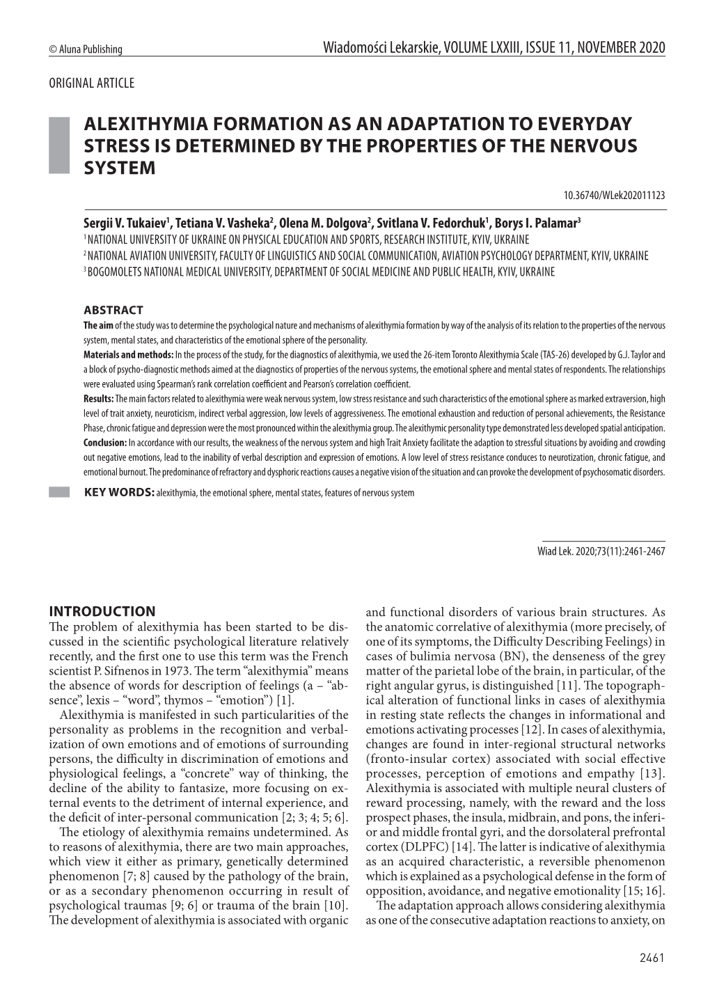 ALEXITHYMIA FORMATION AS an ADAPTATION to EVERYDAY STRESS IS DETERMINED by the PROPERTIES of the NERVOUS SYSTEM 10.36740/Wlek202011123