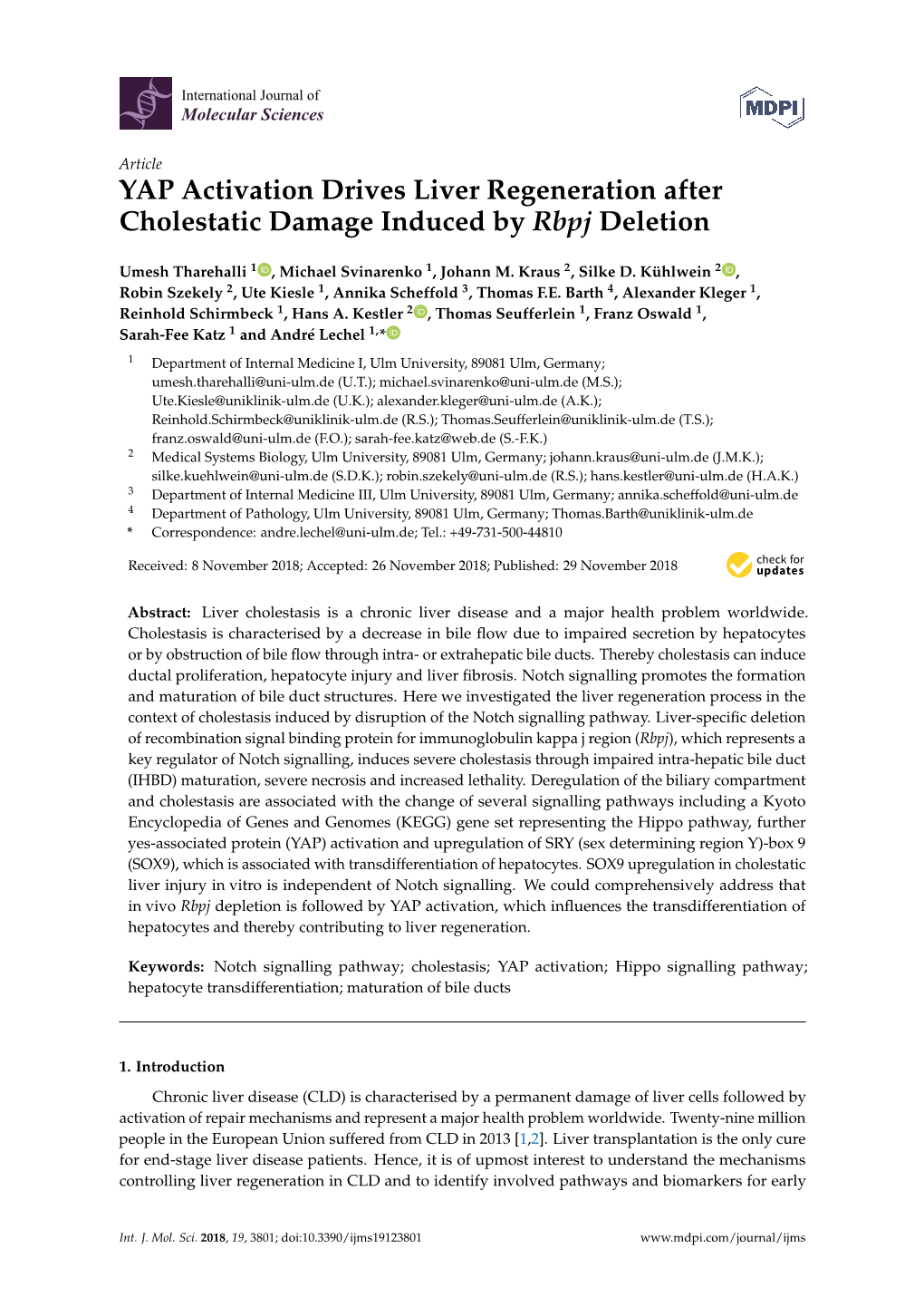 YAP Activation Drives Liver Regeneration After Cholestatic Damage Induced by Rbpj Deletion