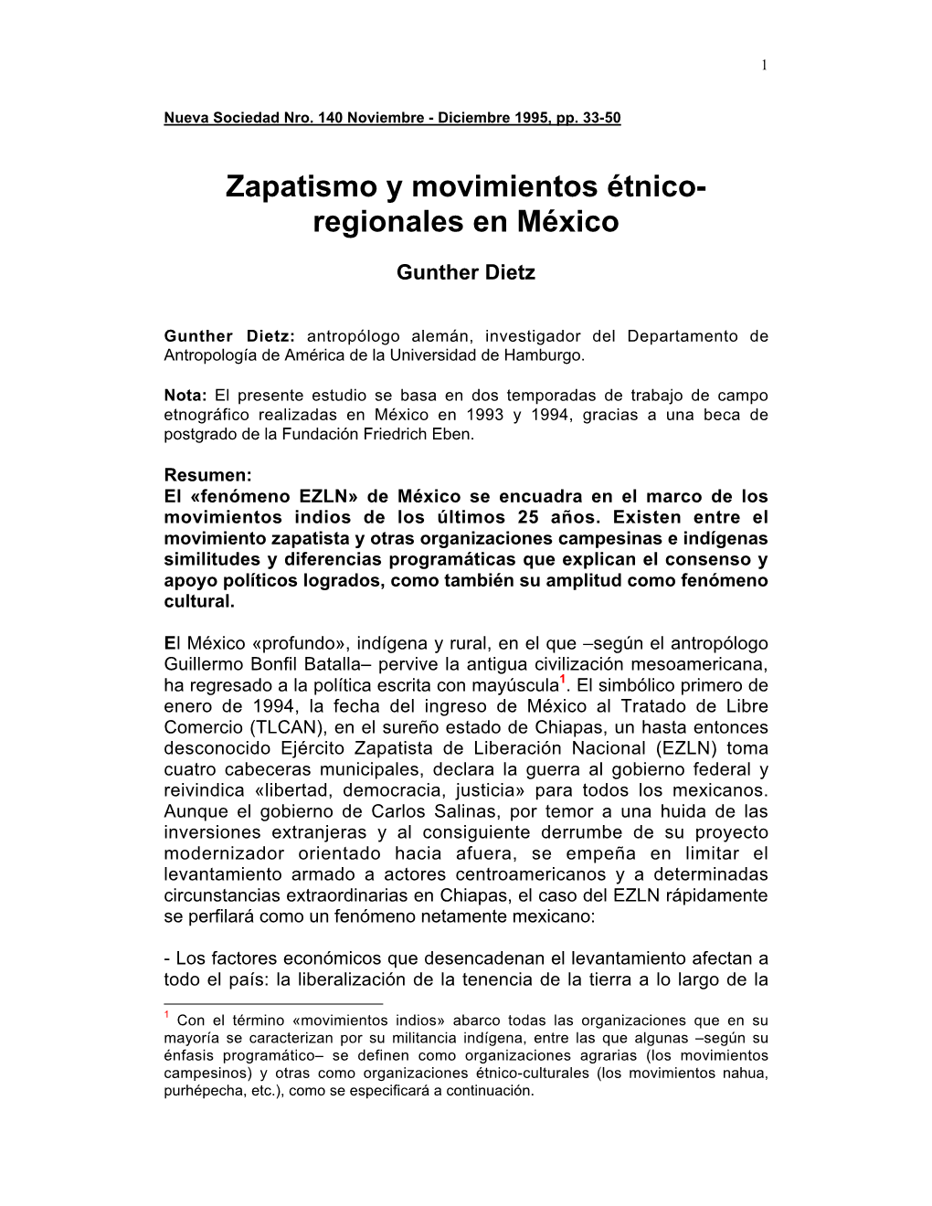 Zapatismo Y Movimientos Étnico- Regionales En México