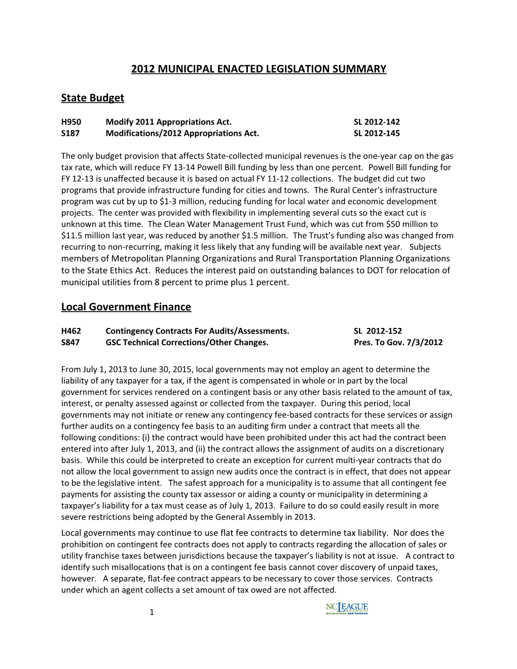 2012 Municipal Enacted Legislation Summary