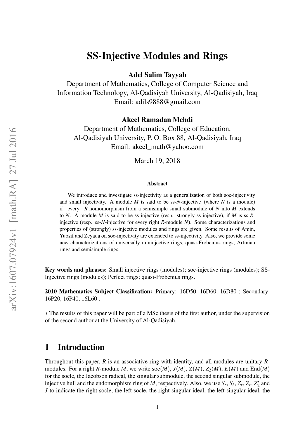 SS-Injective Modules and Rings Arxiv:1607.07924V1 [Math.RA] 27