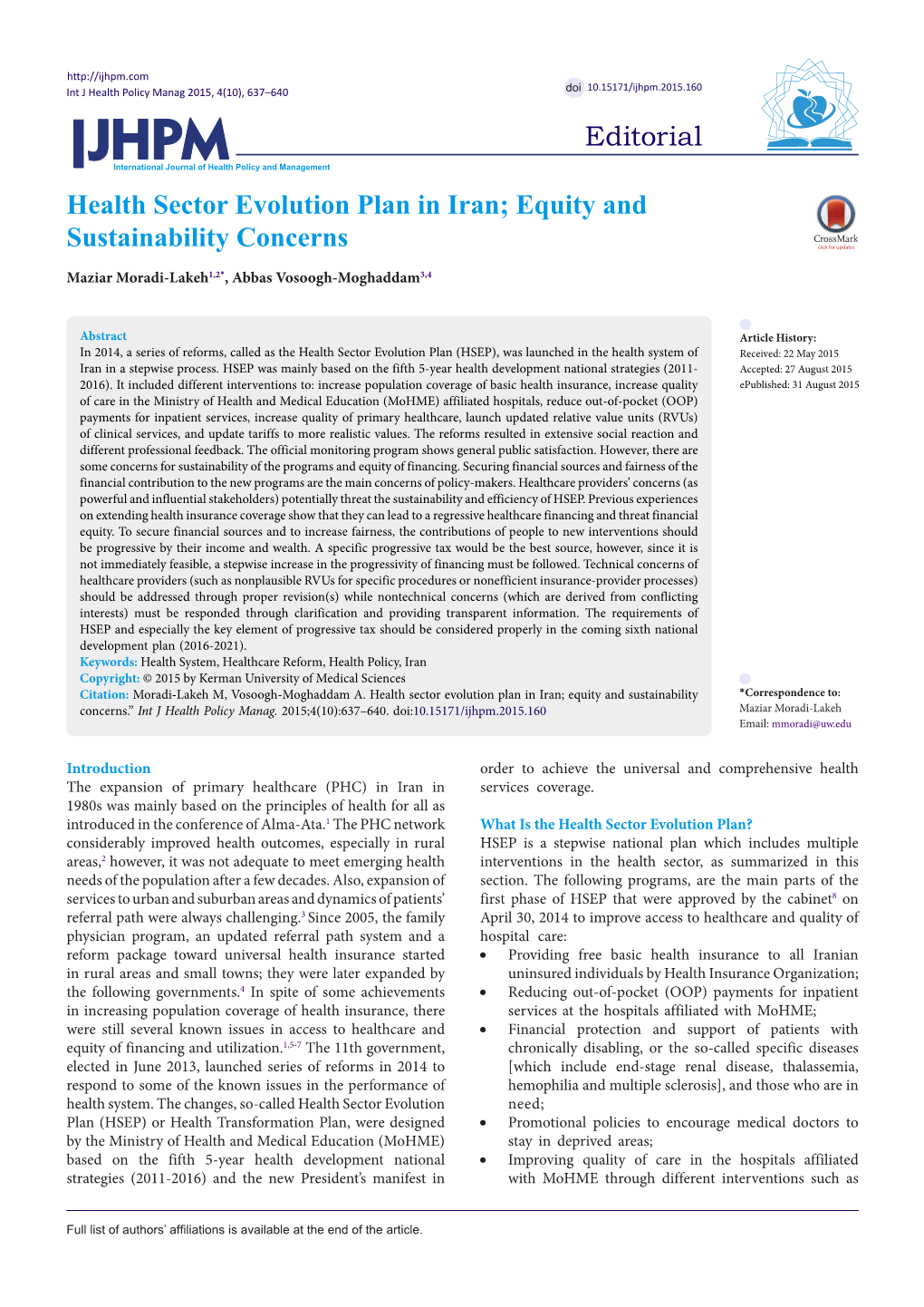 Health Sector Evolution Plan in Iran; Equity and Sustainability Concerns