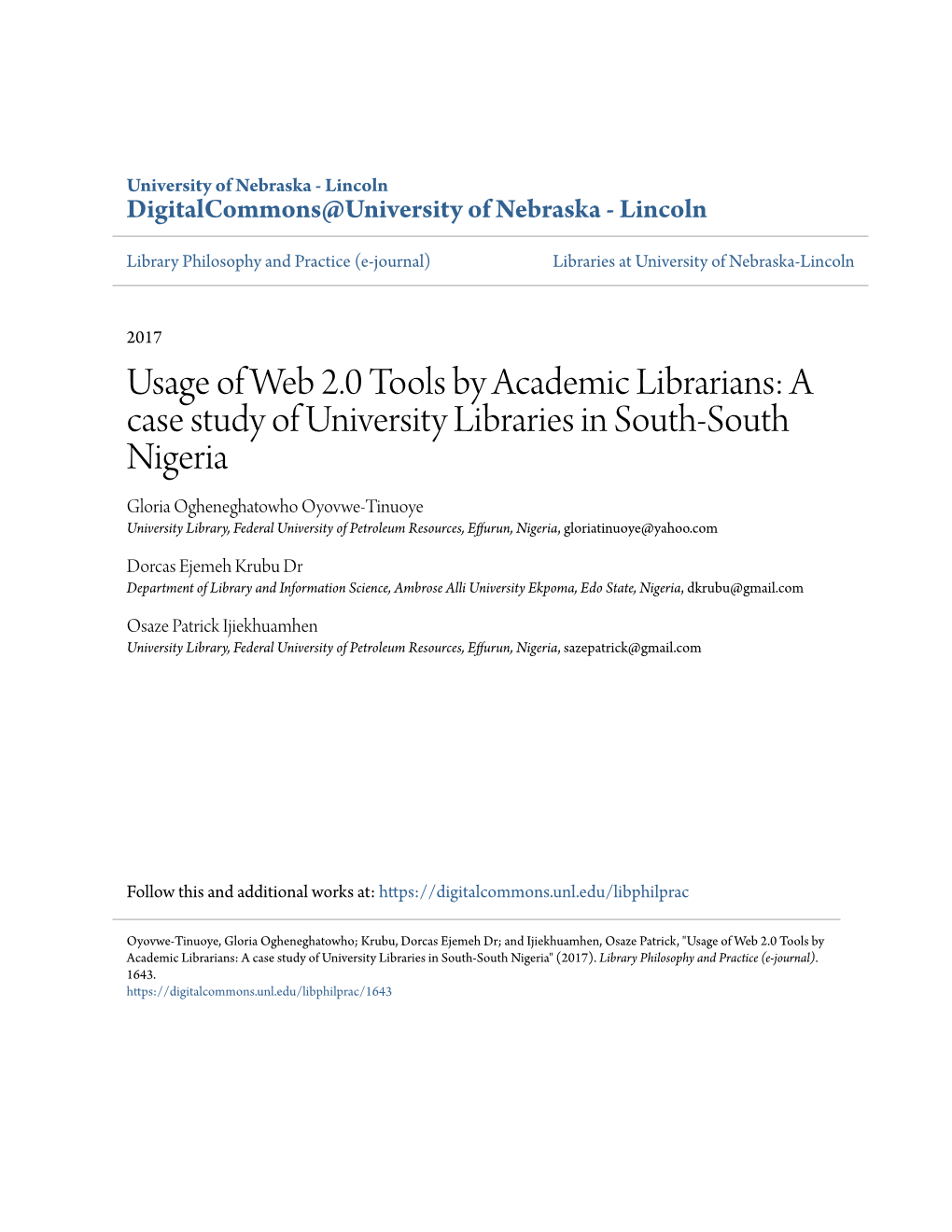Usage of Web 2.0 Tools by Academic Librarians