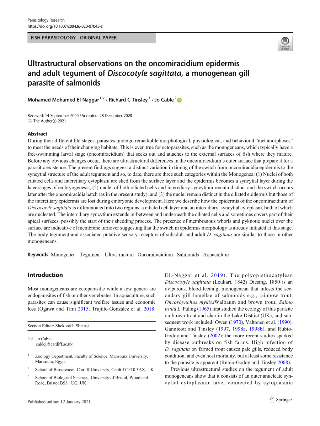 Ultrastructural Observations on the Oncomiracidium Epidermis and Adult Tegument of Discocotyle Sagittata, a Monogenean Gill Parasite of Salmonids