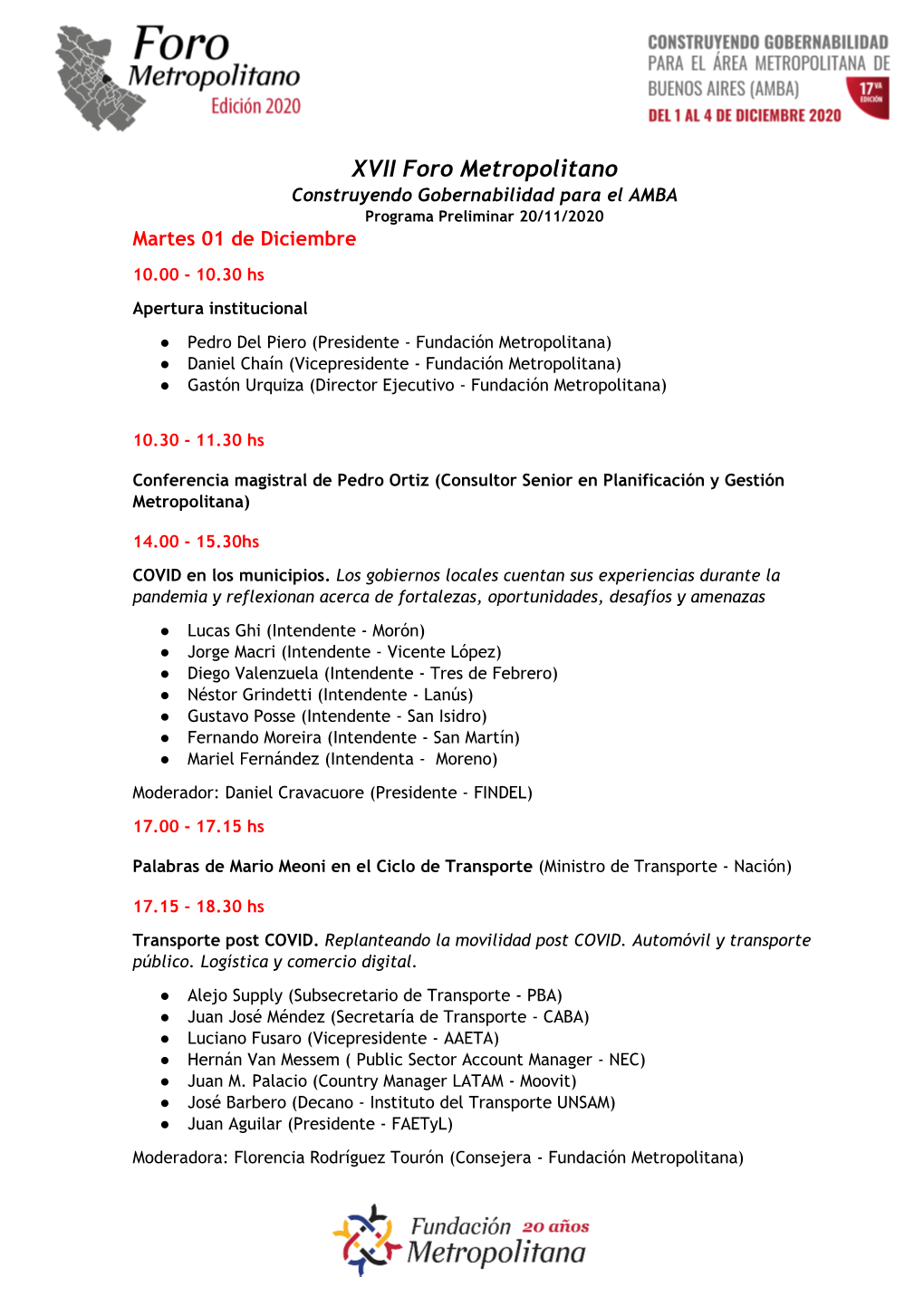 XVII Foro Metropolitano Construyendo Gobernabilidad Para El AMBA Programa Preliminar 20/11/2020 Martes 01 De Diciembre