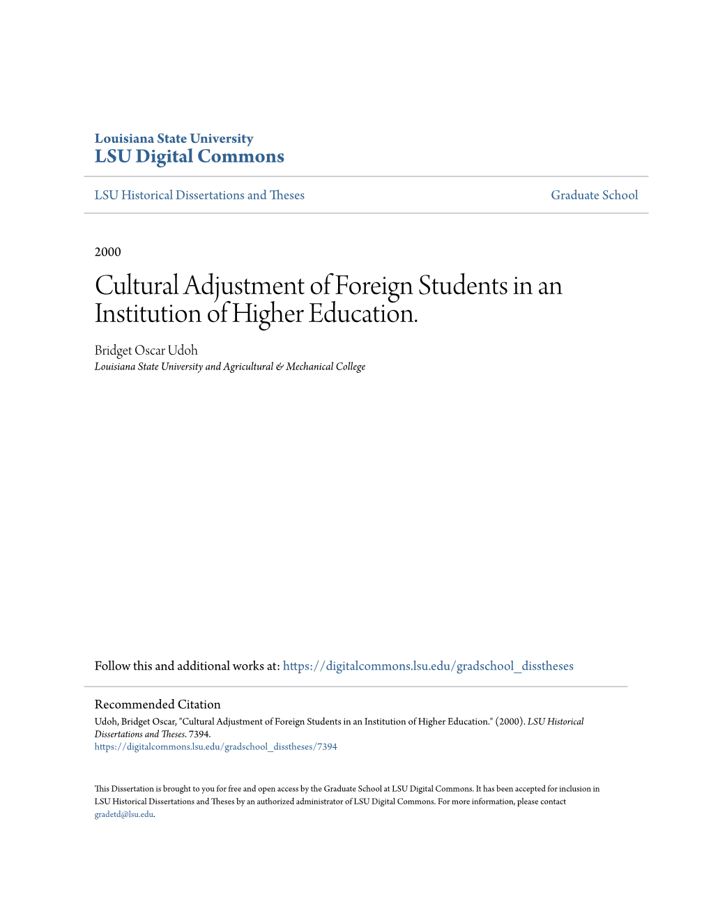 Cultural Adjustment of Foreign Students in an Institution of Higher Education