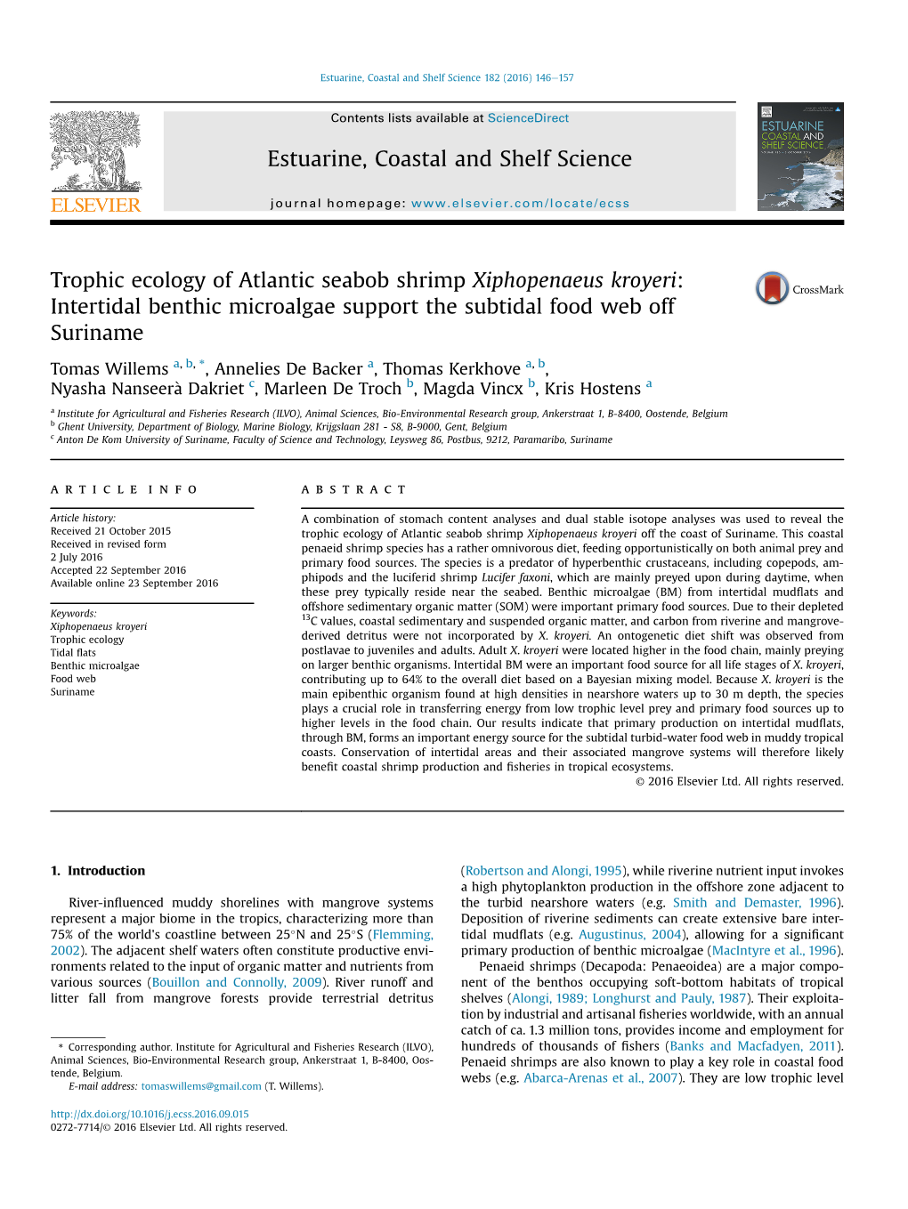 Trophic Ecology of Atlantic Seabob Shrimp Xiphopenaeus Kroyeri: Intertidal Benthic Microalgae Support the Subtidal Food Web Off Suriname