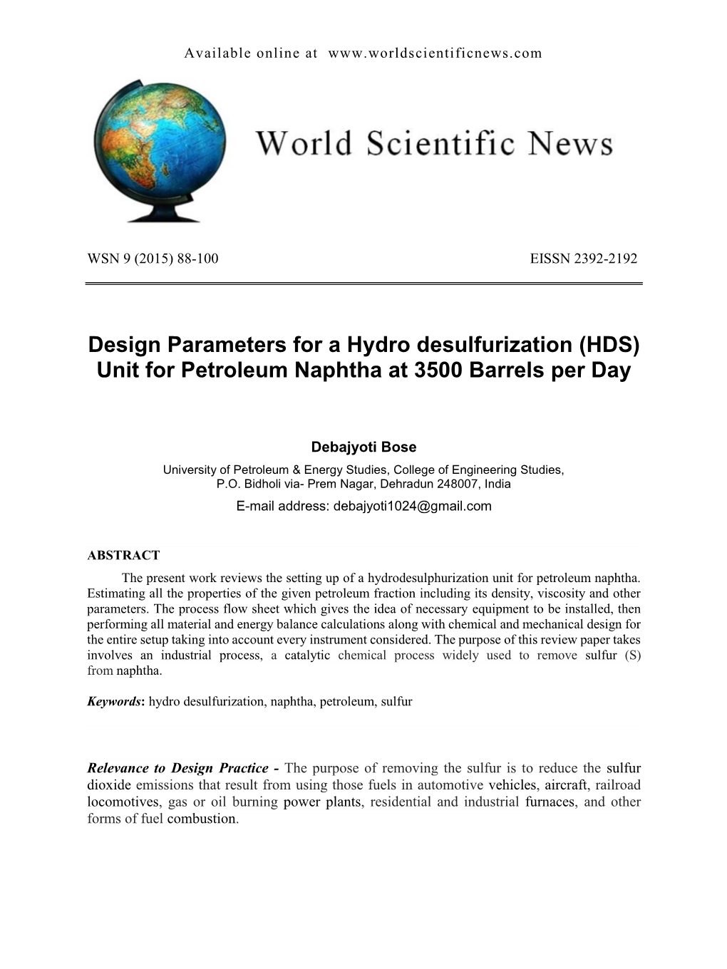 (HDS) Unit for Petroleum Naphtha at 3500 Barrels Per Day