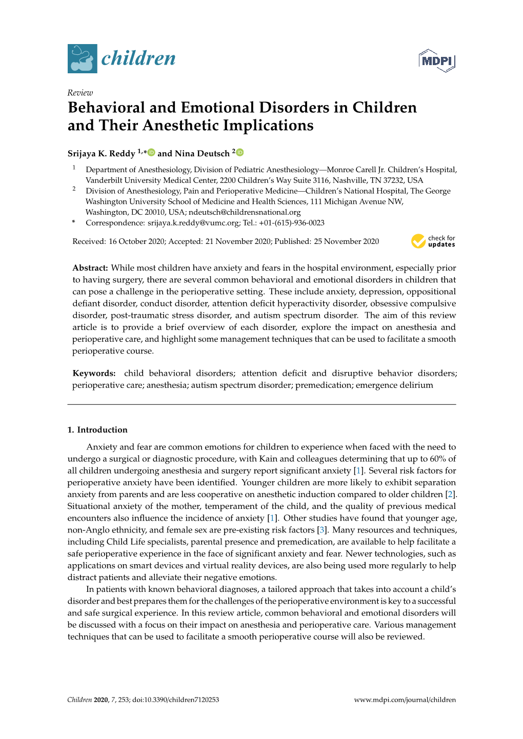 Behavioral and Emotional Disorders in Children and Their Anesthetic Implications