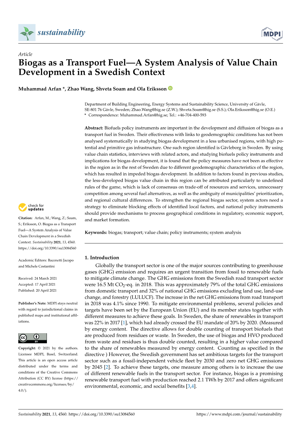 Biogas As a Transport Fuel—A System Analysis of Value Chain Development in a Swedish Context