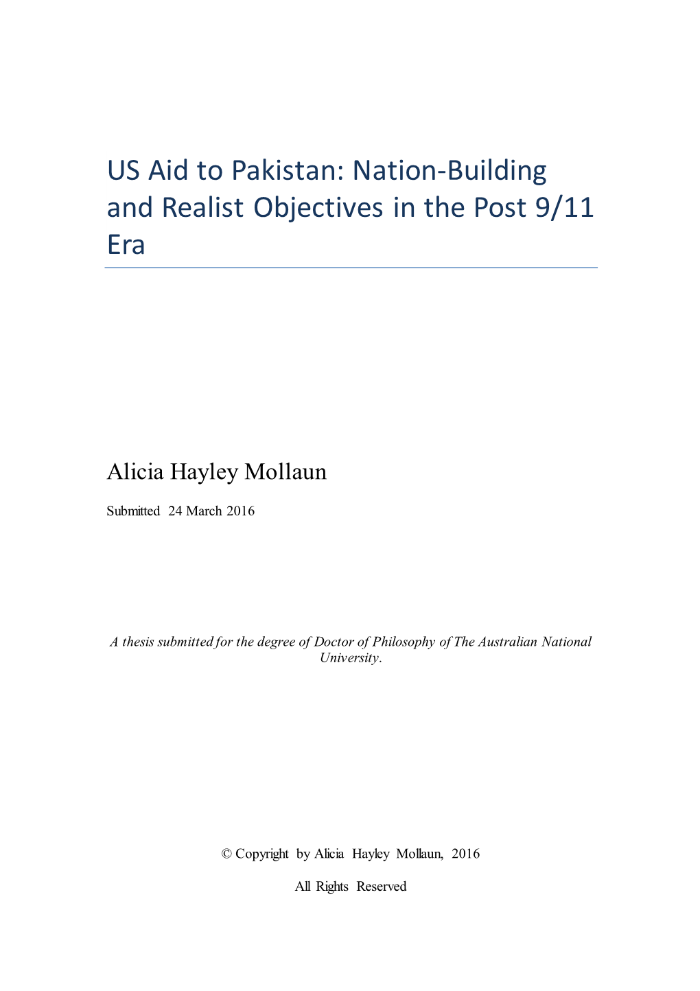 US Aid to Pakistan: Nation-Building and Realist Objectives in the Post 9/11 Era