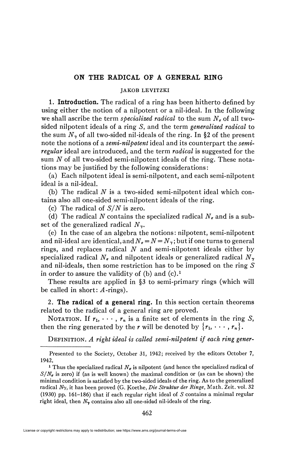 1. Introduction. the Radical of a Ring Has Been Hitherto Defined by Using Either the Notion of a Nilpotent Or a Nil-Ideal