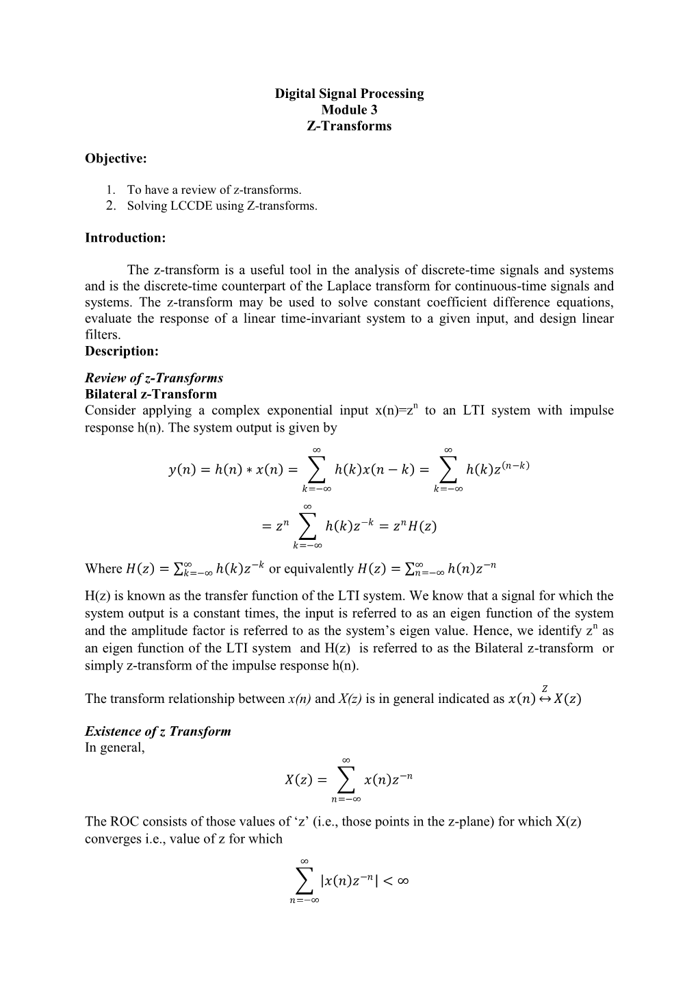 Digital Signal Processing Module 3 Z-Transforms Objective