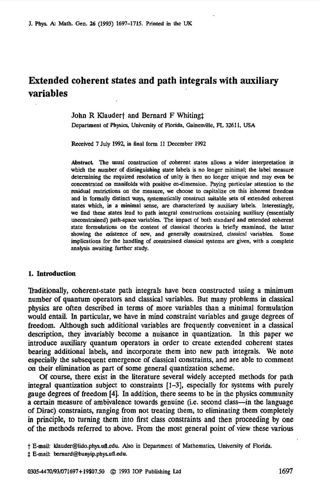 Extended Coherent States and Path Integrals with Auxiliary Variables