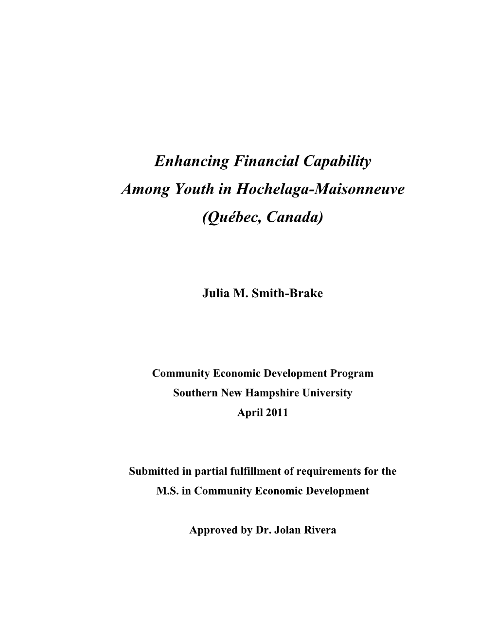 Enhancing Financial Capability Among Youth in Hochelaga-Maisonneuve (Québec, Canada)