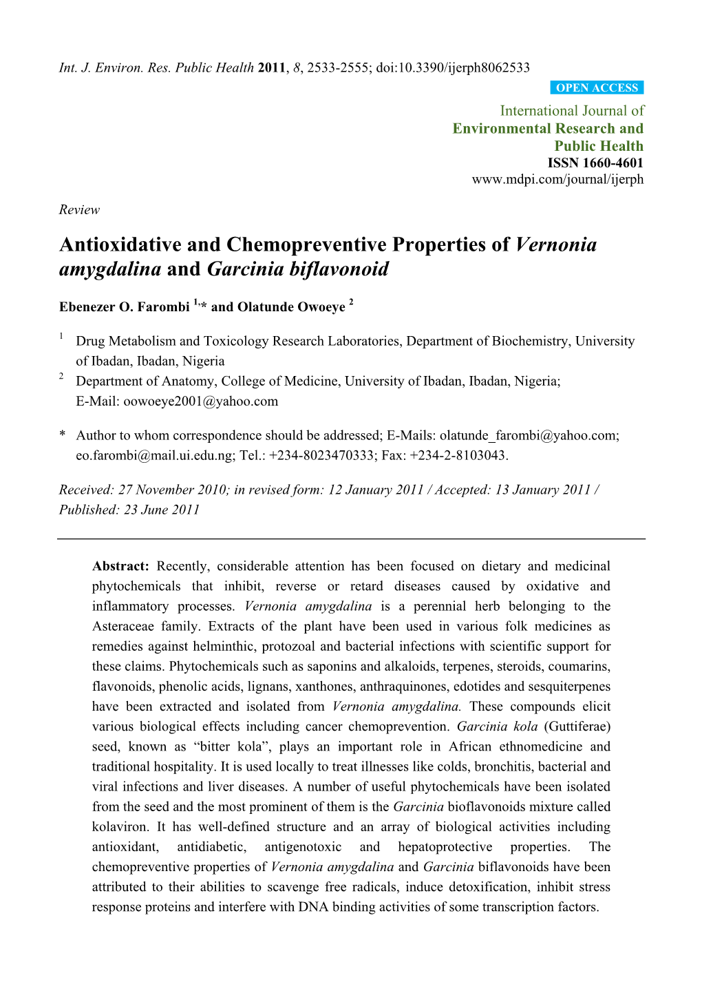 Antioxidative and Chemopreventive Properties of Vernonia Amygdalina and Garcinia Biflavonoid