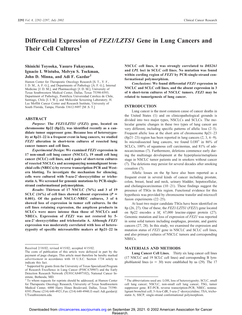 Differential Expression of FEZ1/LZTS1 Gene in Lung Cancers and Their Cell Cultures1
