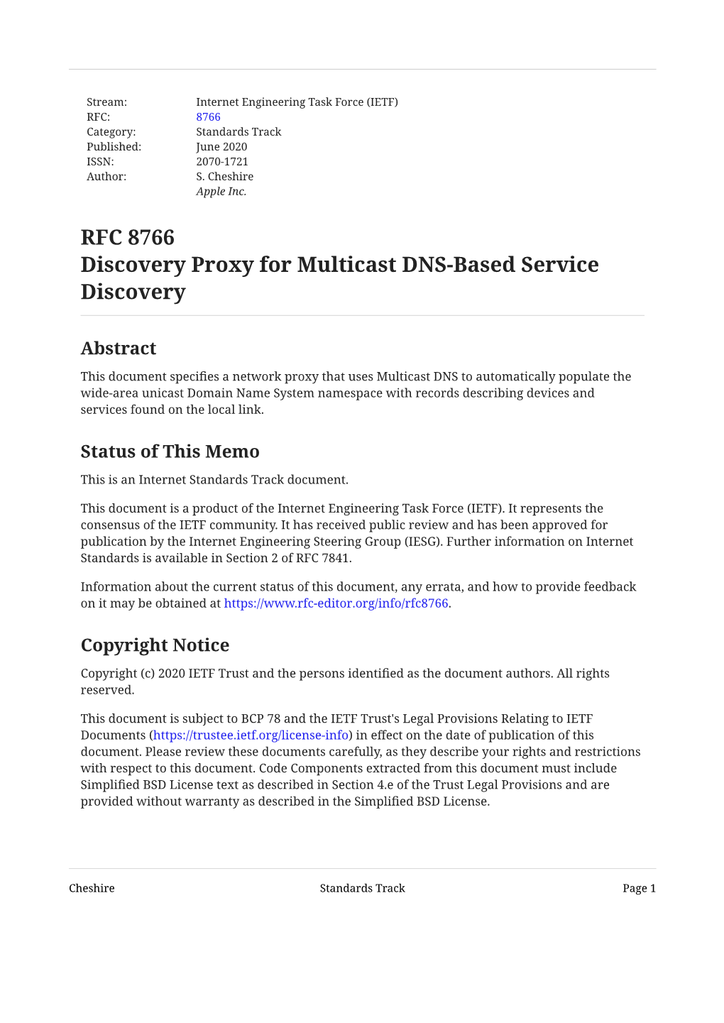 RFC 8766: Discovery Proxy for Multicast DNS-Based Service
