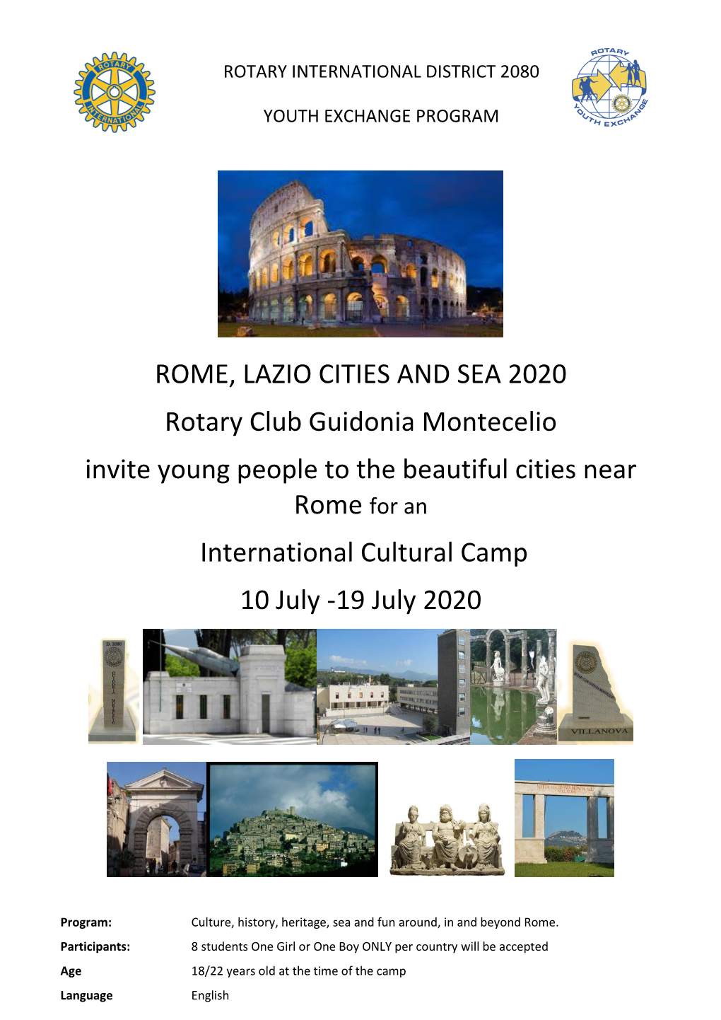 ROME, LAZIO CITIES and SEA 2020 Rotary Club Guidonia Montecelio Invite Young People to the Beautiful Cities Near Rome for an International Cultural Camp