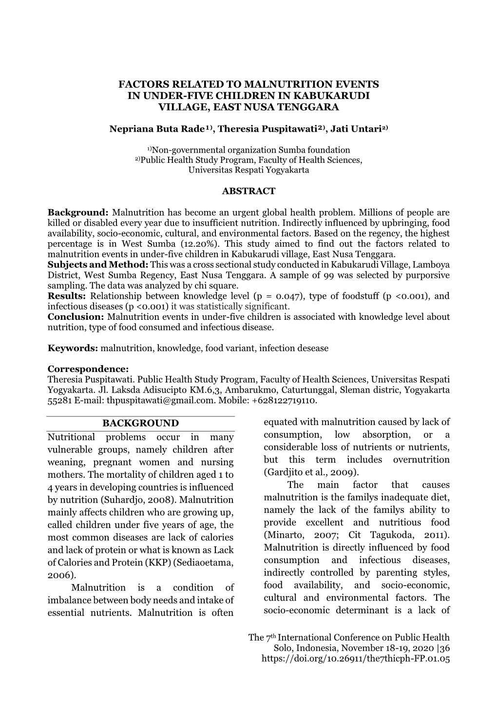 Factors Related to Malnutrition Events in Under-Five Children in Kabukarudi Village, East Nusa Tenggara