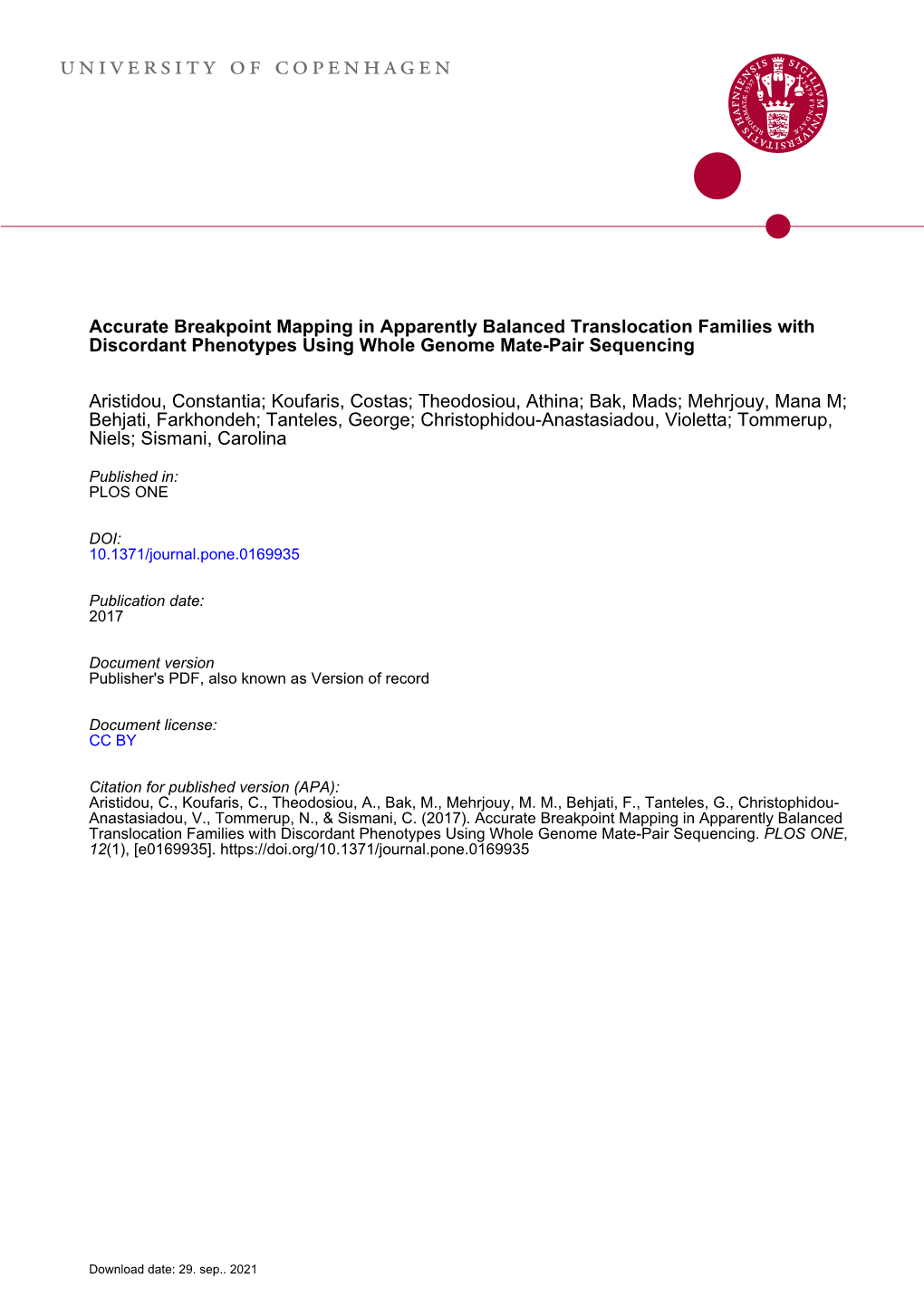 Accurate Breakpoint Mapping in Apparently Balanced Translocation Families with Discordant Phenotypes Using Whole Genome Mate-Pair Sequencing