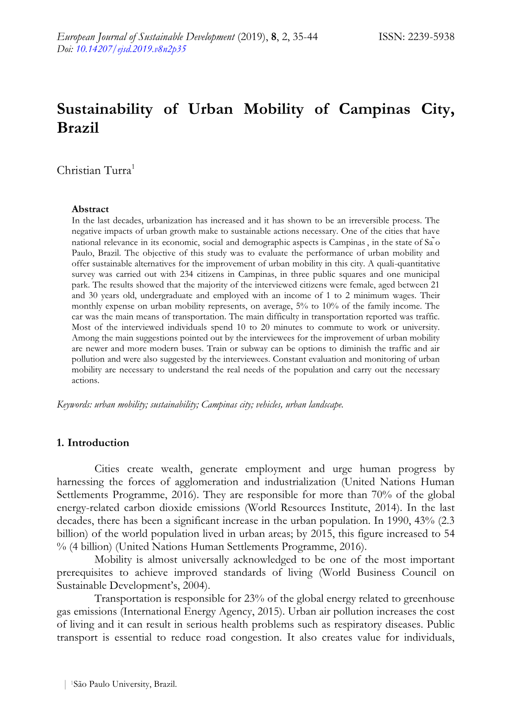 Sustainability of Urban Mobility of Campinas City, Brazil