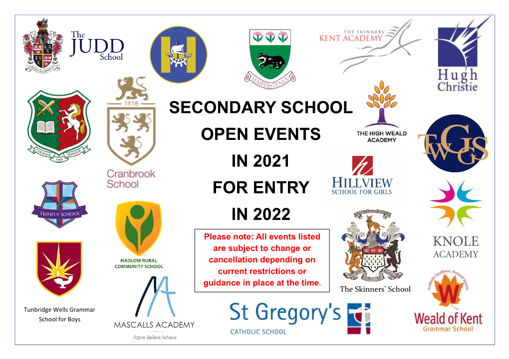 Secondary School Open Events in 2021 for Entry in 2022