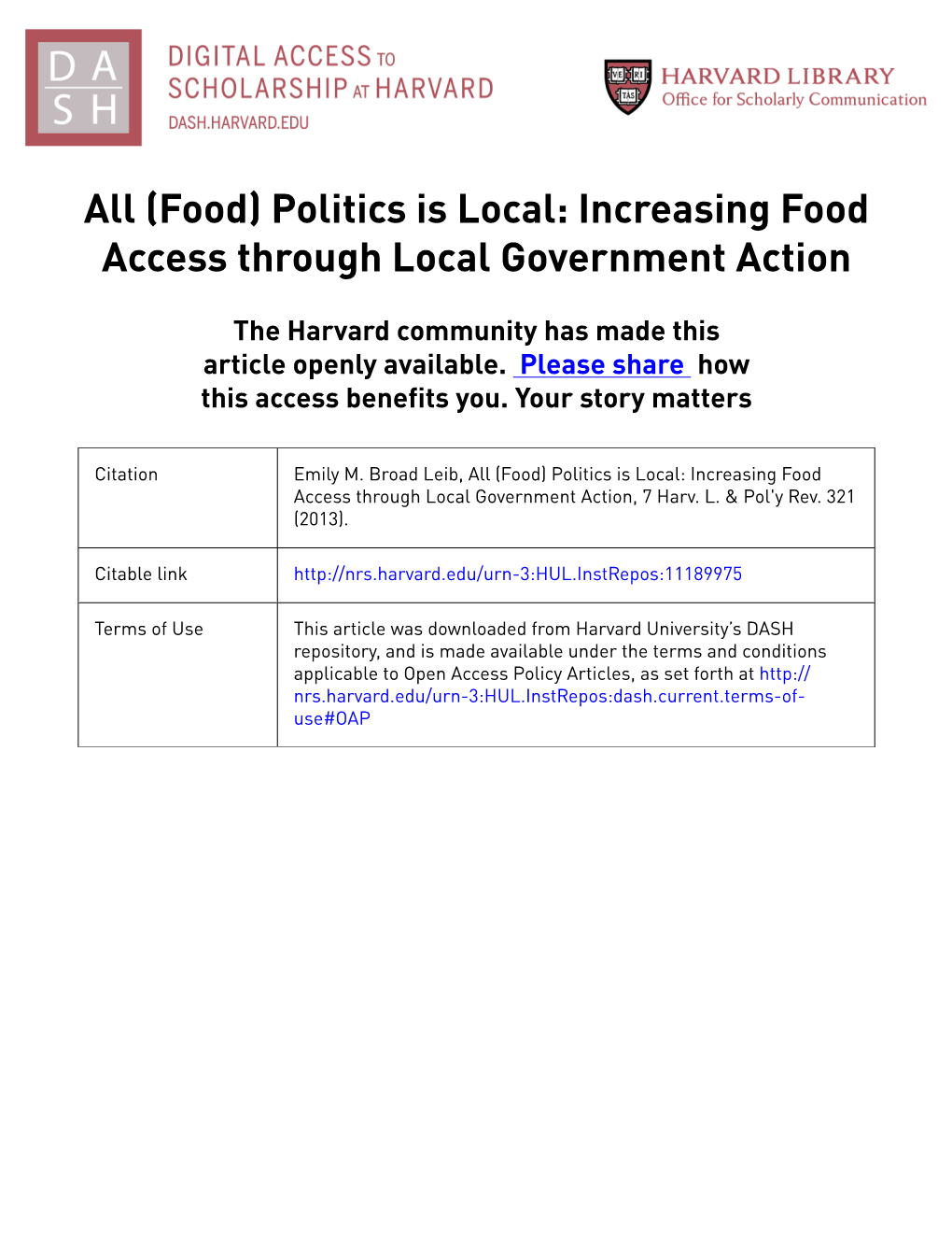 Food) Politics Is Local: Increasing Food Access Through Local Government Action