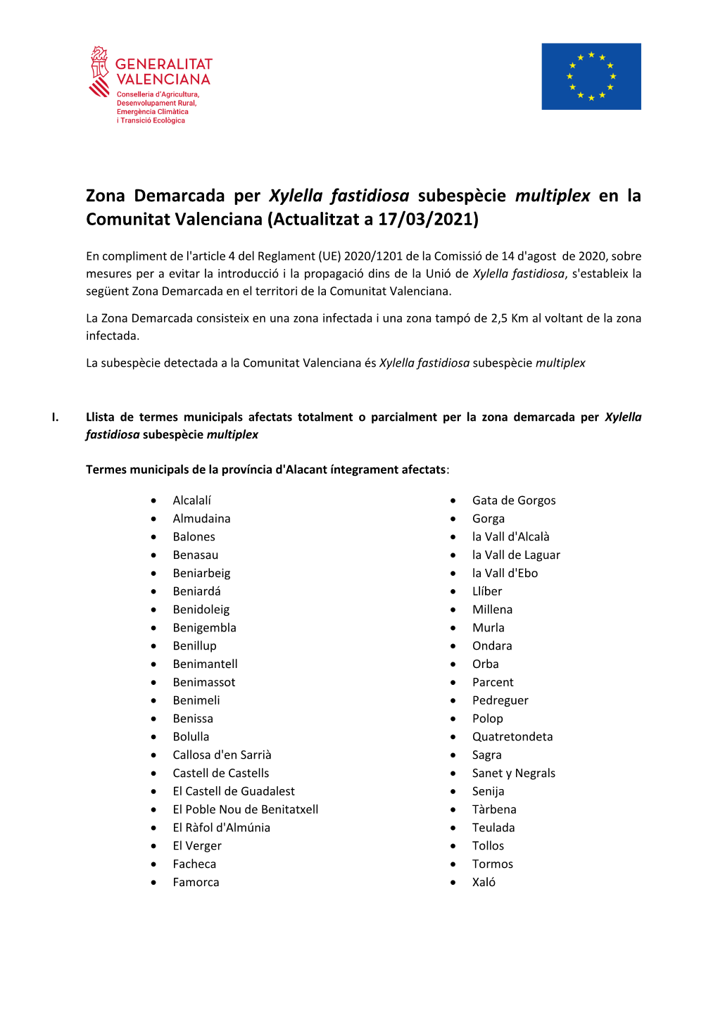 Zona Demarcada Per Xylella Fastidiosa a La Comunitat