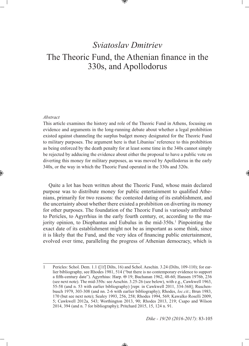 Sviatoslav Dmitriev the Theoric Fund, the Athenian Finance in the 330S